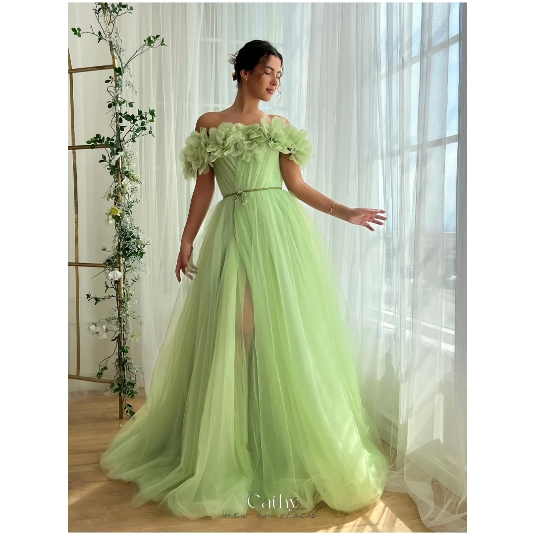 

Cathy индивидуальное платье для выпускного вечера с 3D цветами и открытыми плечами из тюля, платья de noiva длиной до пола, вечернее платье с разрезом по бокам