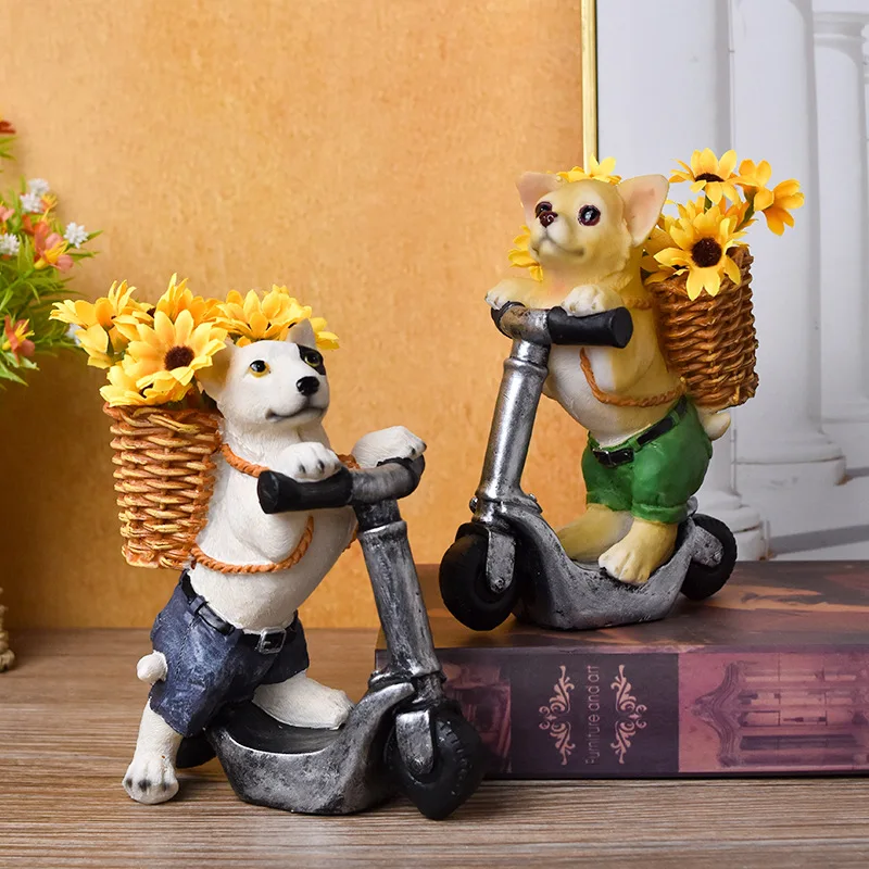 

Cycling Puppy Flower Pot Sculptures Decoration Resin Craft for Home Entryway Living Room TV Stand American-Style Home Decor