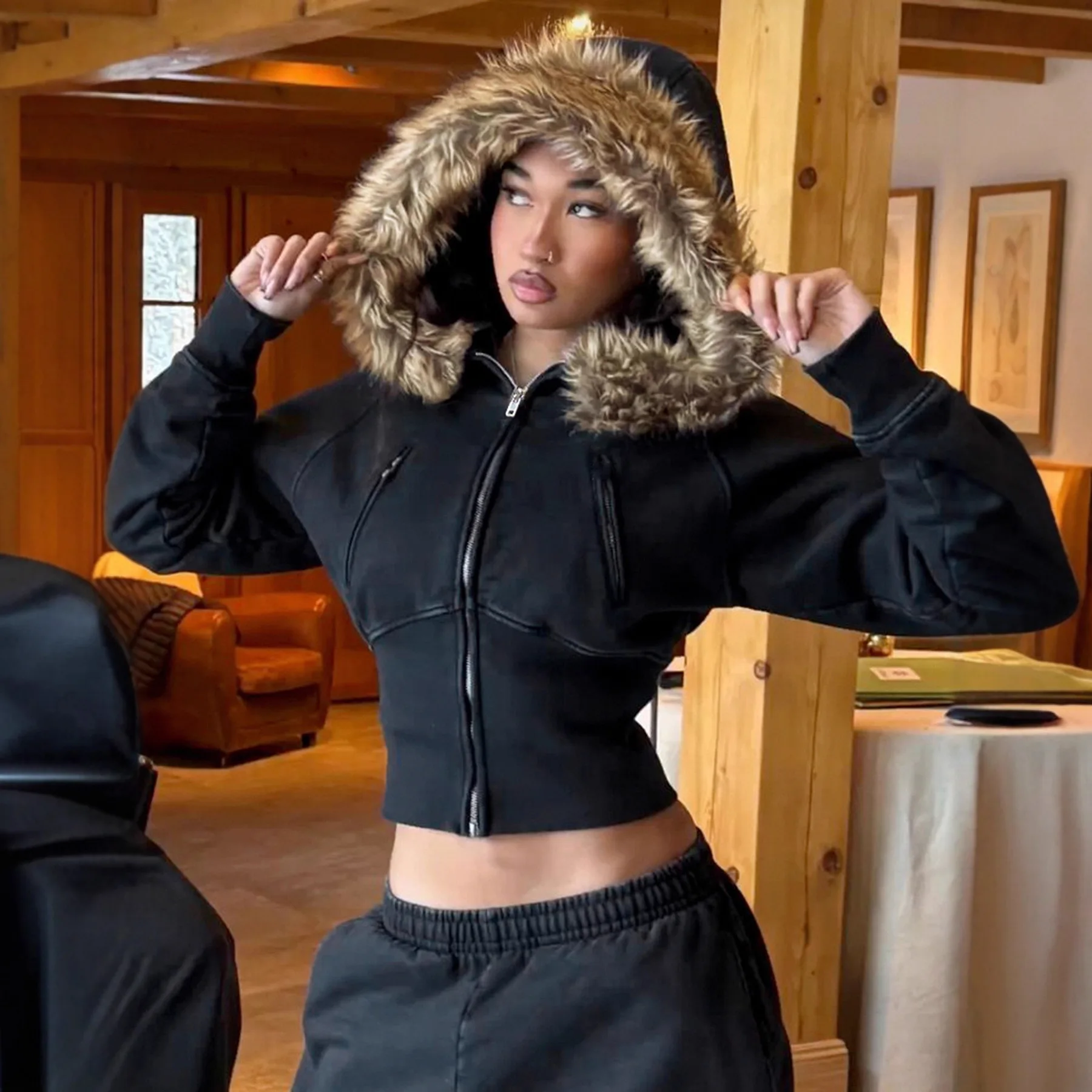 

Autumn Winter Vintage Brown Short Hooded Jacket Women's Full Sleeve Slim Detachable Fur Collar Warm 2025 NEW Female Y2k Outwears