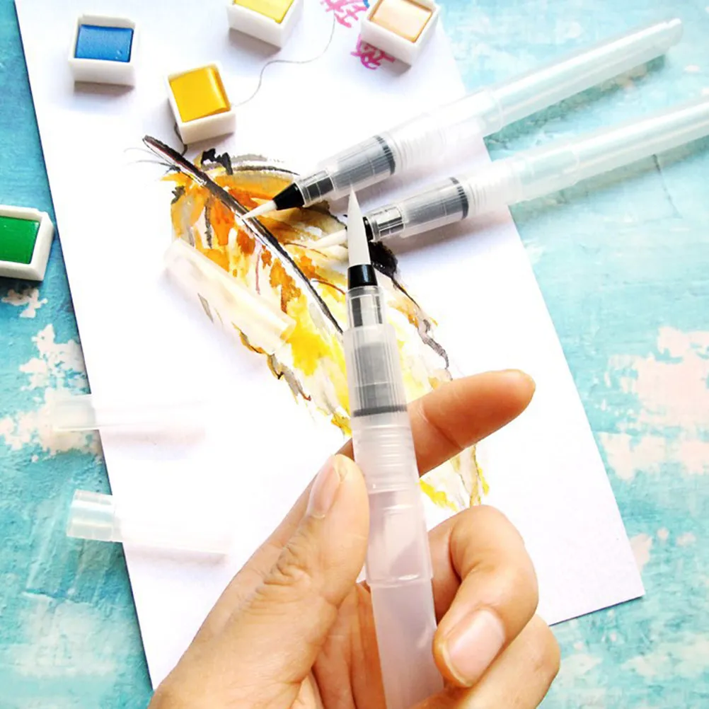 3Pcs Easy Clean Water Brush Pen Refillable Reservoir Travel Friendly Nylon Tip for Ink Wash Painting Sketching Drawing Marker