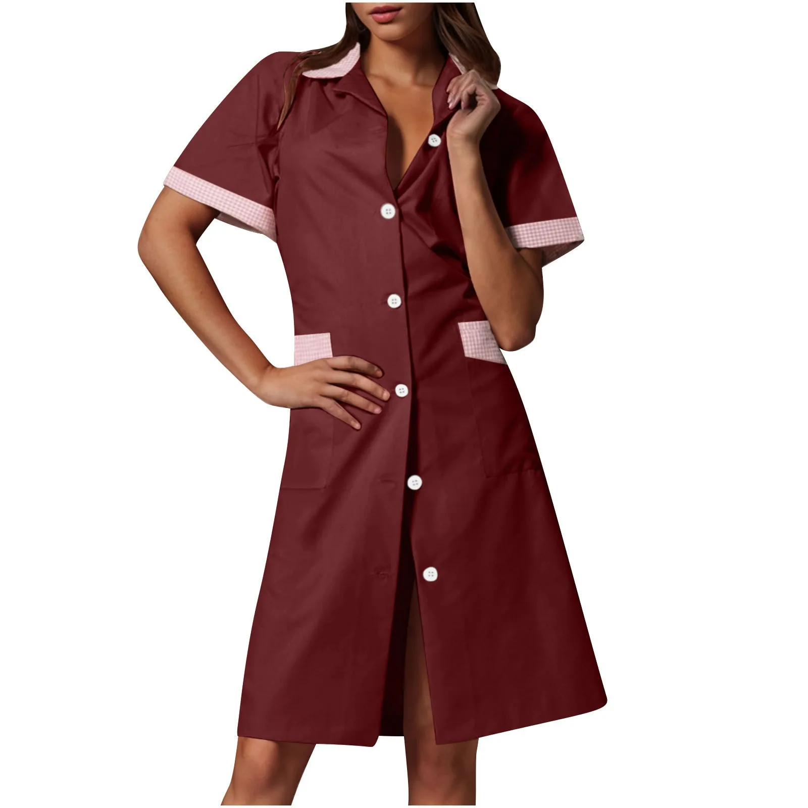

Women's casual plaid print nurse uniform hospital pharmacy doctor uniform work clothes long and short sleeves slim fit dress