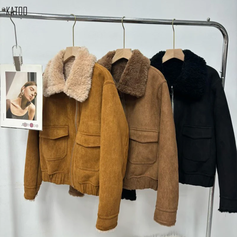 Lamb Wool Fur Coat Female American Retro Style Short Lapel Zipper Pocekt Fashion Warm Wool Coat Shearling Jacket Chaqueta Mujer