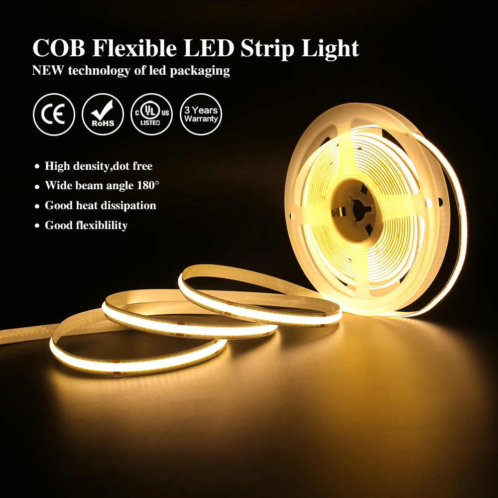 LED COB Strip Light com DC Plug, Iluminação Linear, Fita Flexível, Quente Natural Branco Frio, Alta Densidade, 2Pin, 5V, 12V, 24V, 320, 480