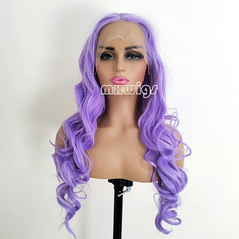 MXWIG Light Purple Hair Body Wave Synthetic 13X4 Lace Frontal Wigs Long  Wig Glueless Soft Hair Heat Resistant Fiber Party