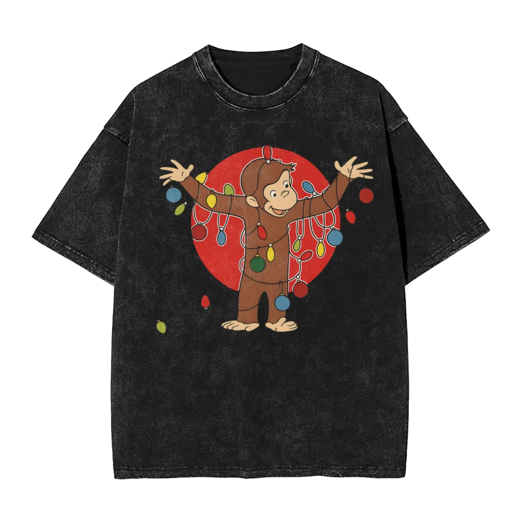 2026 Curious George Christmas  Tangle of Holiday Lights  Washed T Shirt Outfit Oversize T-Shirt  Men Women Tee Shirt