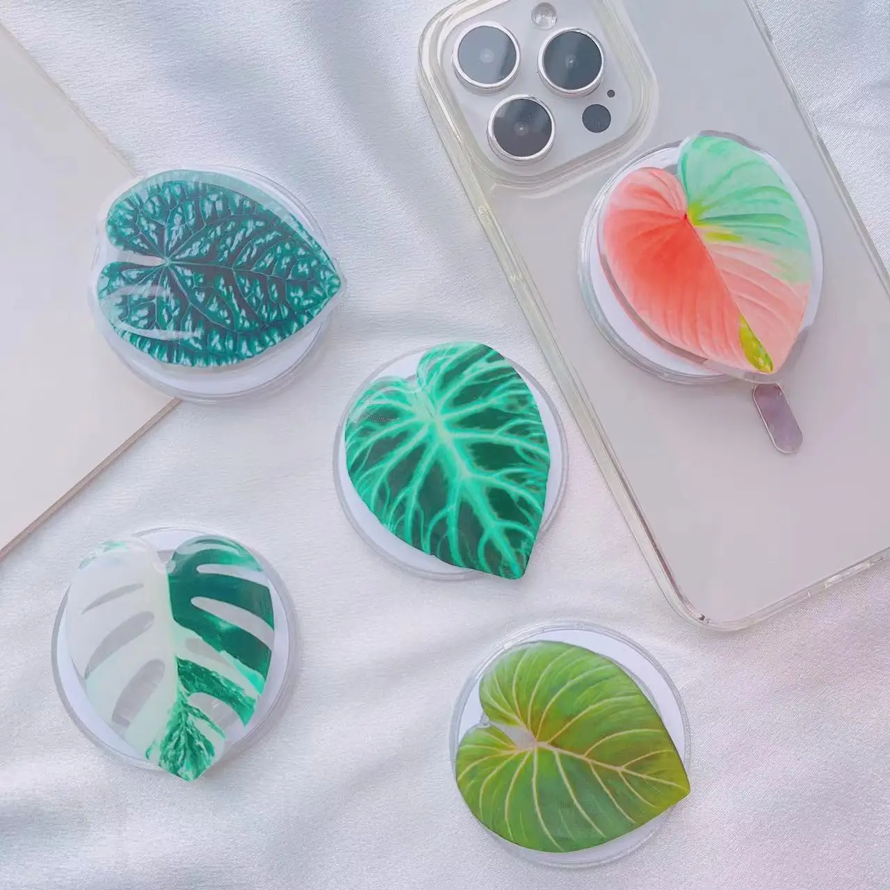 

Акриловая подставка для телефона с имитацией листьев из смолы, совместимая с магнитным держателем Magsafe для iPhone и Samsung, крепление Grip Tok