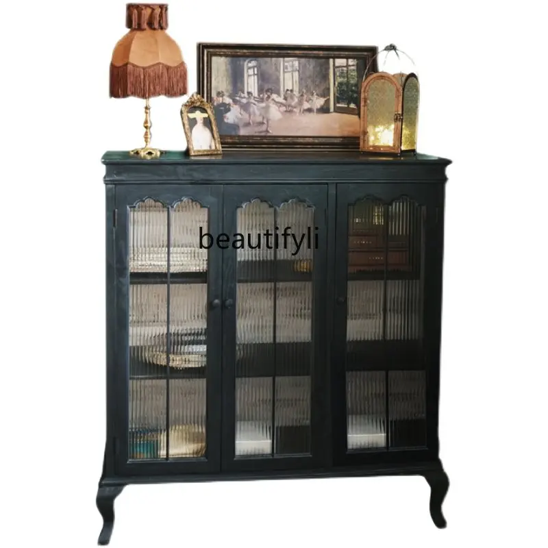 

zqFrench Retro Changhong Display Cabinet Made of Glass American Locker Black Sideboard Cabinet Corner Cabinet