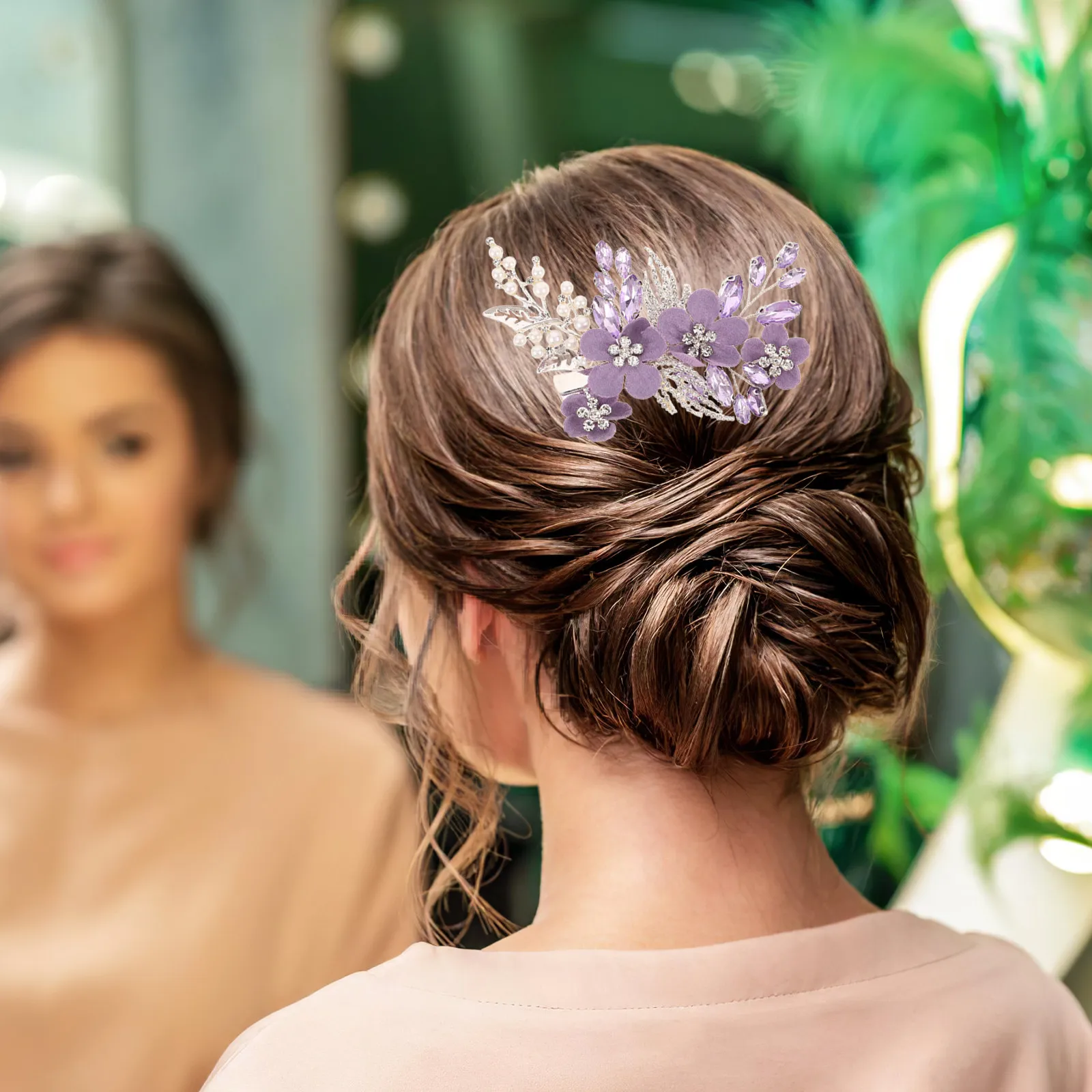 

Purple Flower Crystal Bridal Hair Clip Rhinestone Faux Pearl Wedding Hairpin Elegant Wedding Hair Accessories for Women