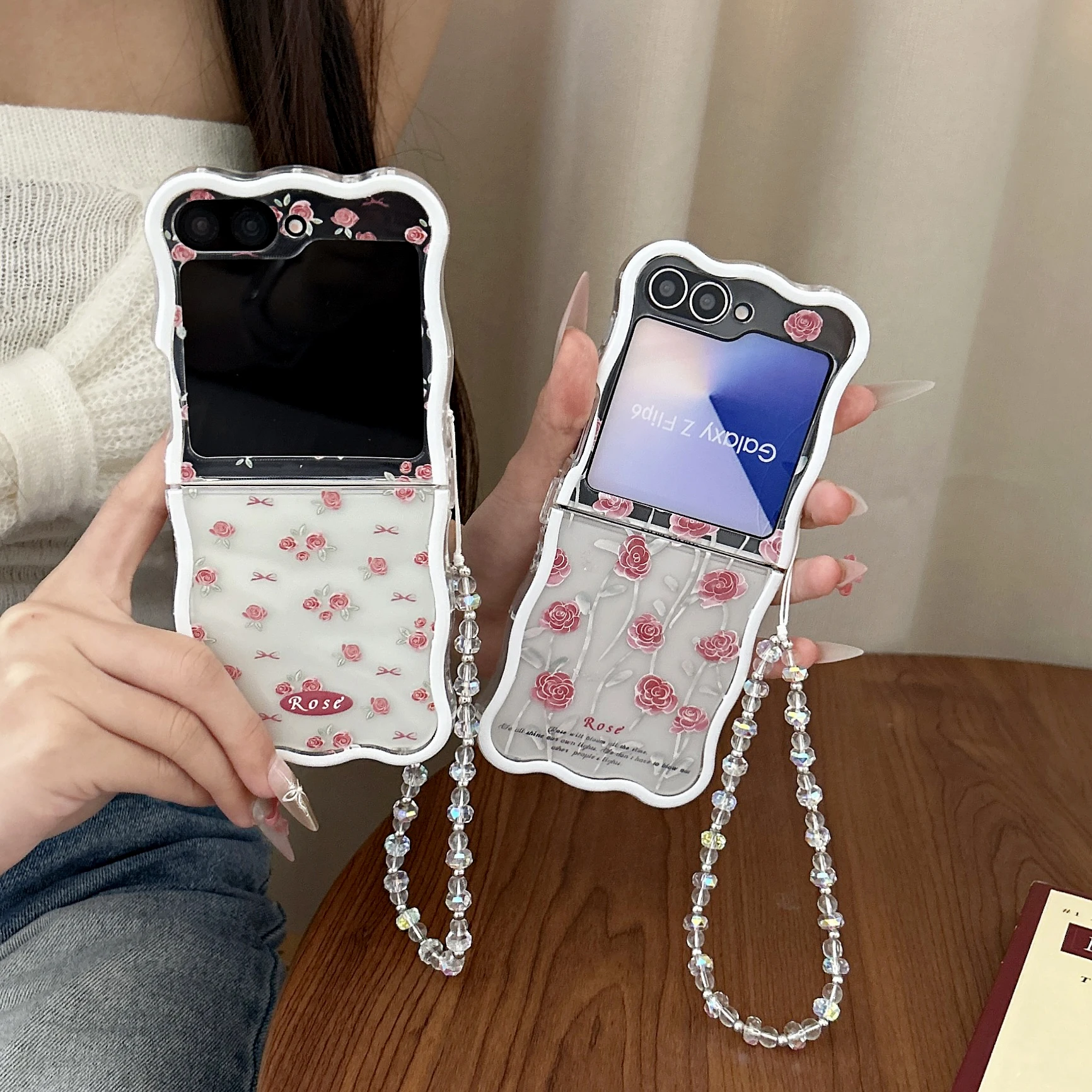 Rose Bogen mit Armband Handyhülle für Samsung Galaxy Z Flip 6 3 4 5, Welle, klare, stoßfeste Abdeckung für Samsung Z Flip6 ZFlip6