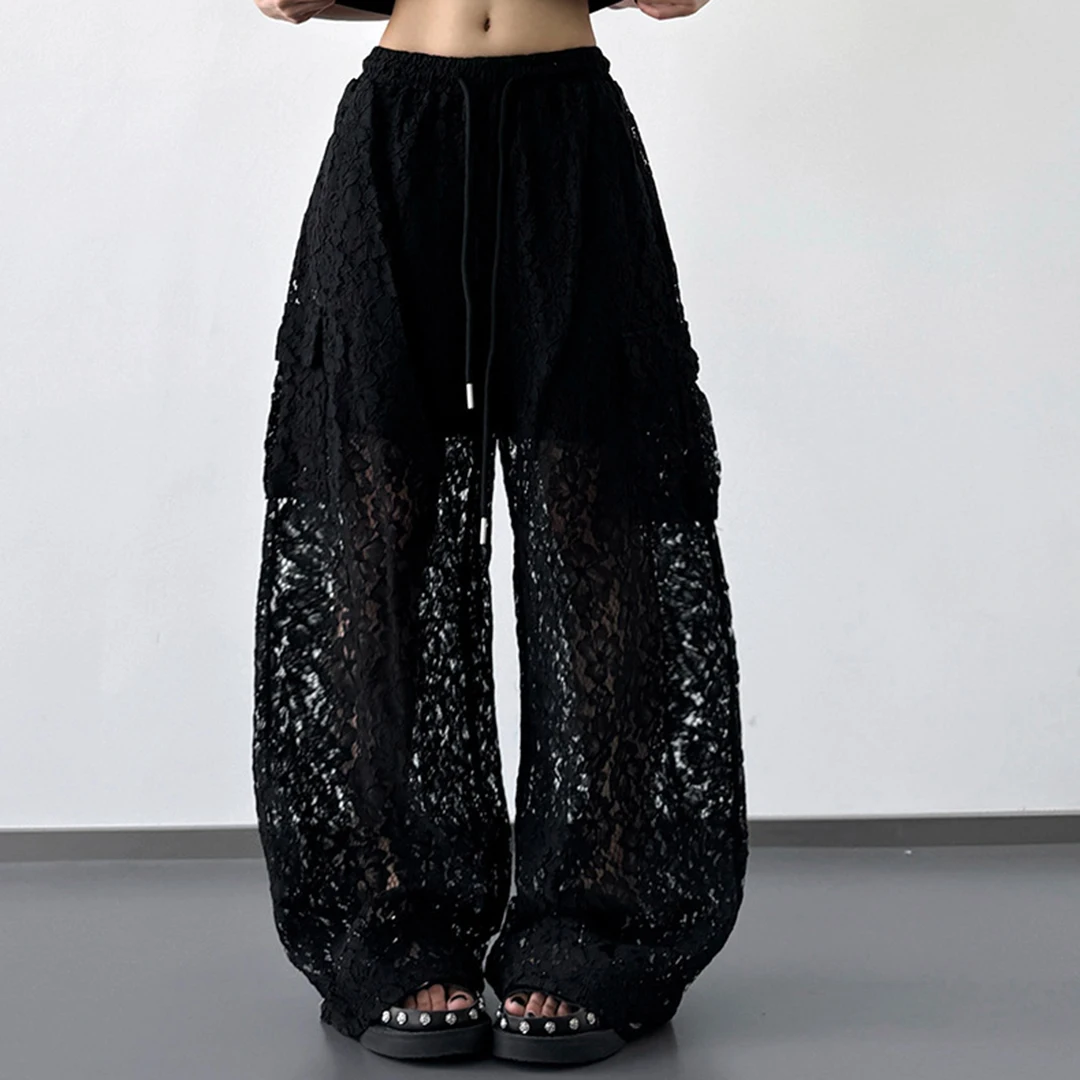 Ladies Fashionable Lace Wide Leg Drawstring Transparent Mesh Casual Pants Elegant Loose Fit Breathable Summer Trousers