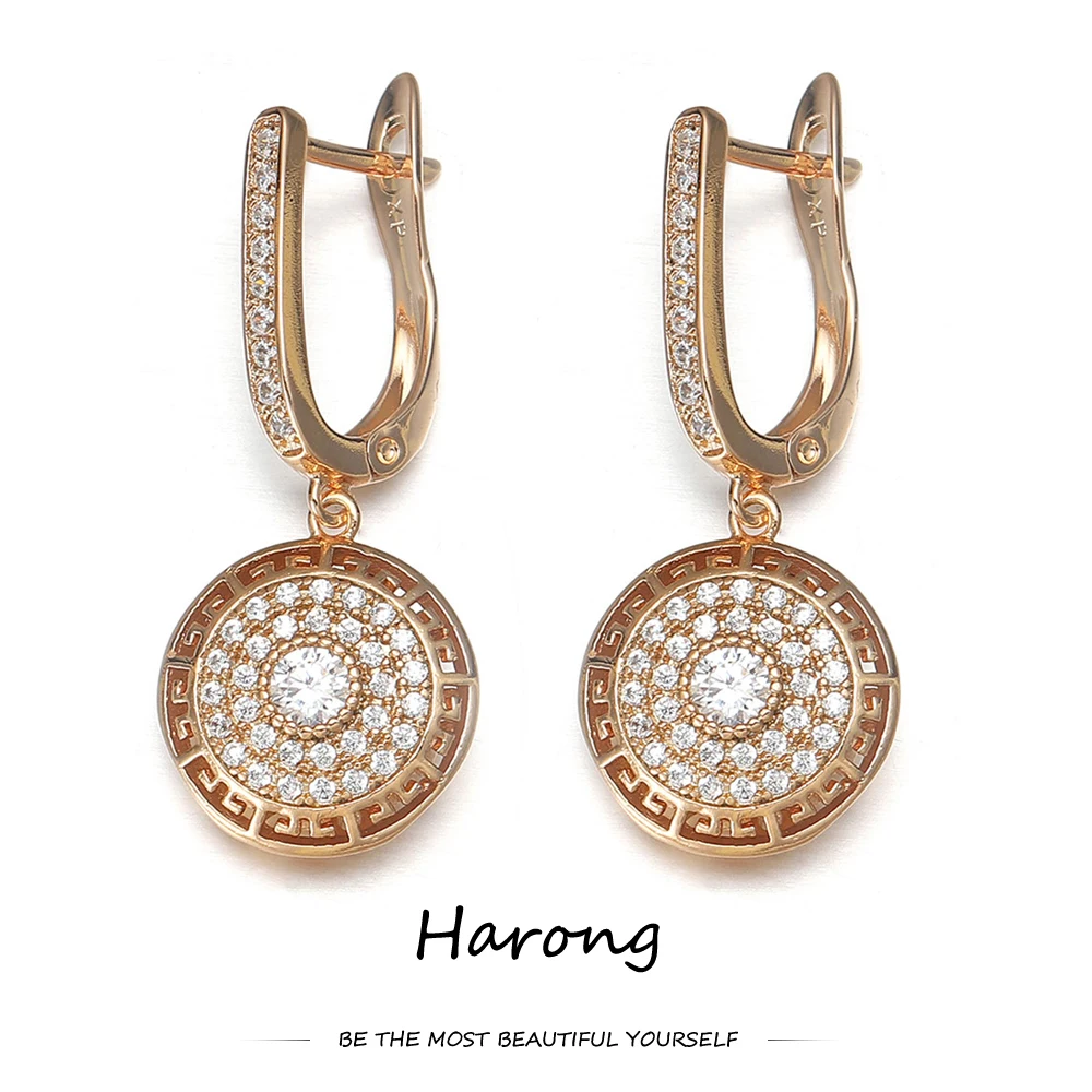 Copper Luxury High-quality Zircon Crystal Drop Earrings Gold Color Hollow Round Fashion Aesthetic Earring For Woman Jewelry Gift