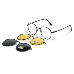 Roud Frame Polarized Sunglasses Magnetic With 2 Clips On Glasses Metal Frame Legs Optical Eyeglass Magnet Eyeglasses 3 IN 1