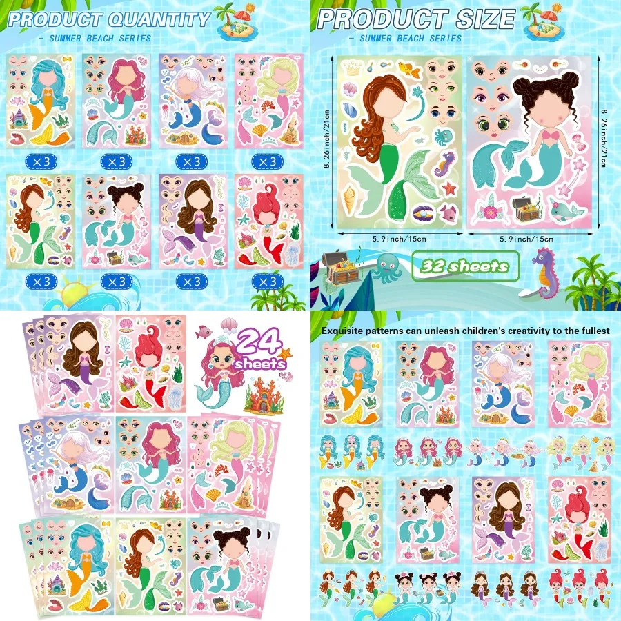 

24 Sheets Mermaid Stickers for : Creative Mermaid Themed Art Craft Supplies for DIY Projects Perfect for School Crafts Birthday