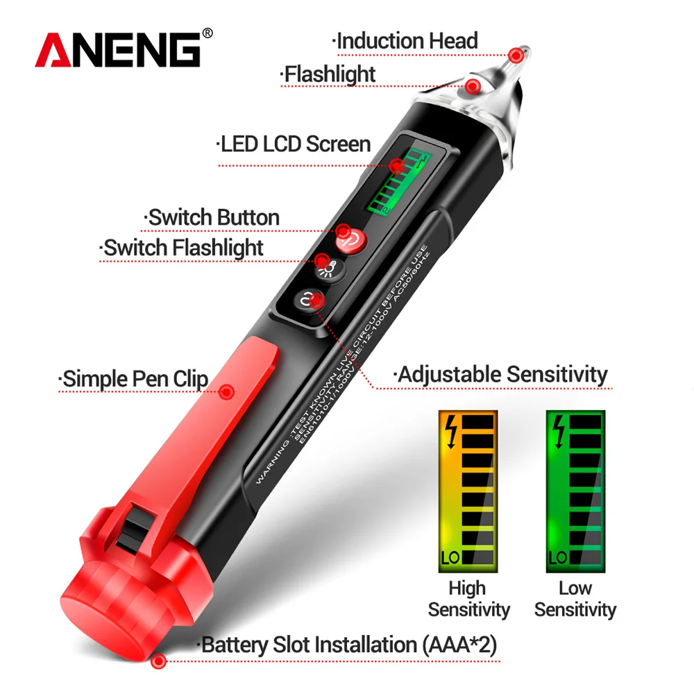 ANENG VC1010 Pena Tester Digital Non-Kontak Meter 12-1000V Sensor Listrik Arus Pensil Uji Detektor Tegangan AC/DC Cerdas