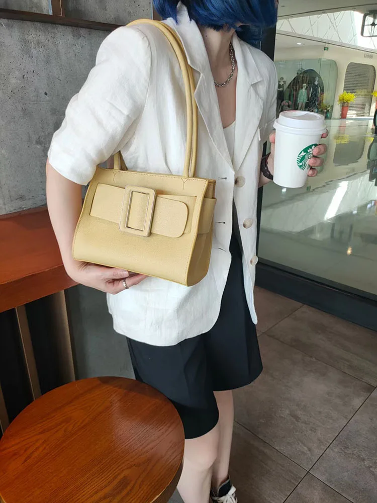 Women New Flap Shoulder Bag Square Buckle Cowhide Genuine Leather Elegant Ladies Bags Party Underarm Bag Casual Totes Handbag