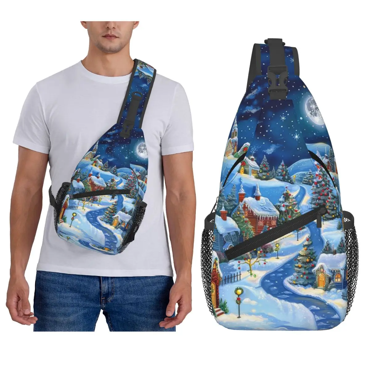 Christmas Town Full Moon Snow Village Chest Bag Men Sling Crossbody Backpack Chest Bag Traveling Hiking Daypack Shoulder Bag