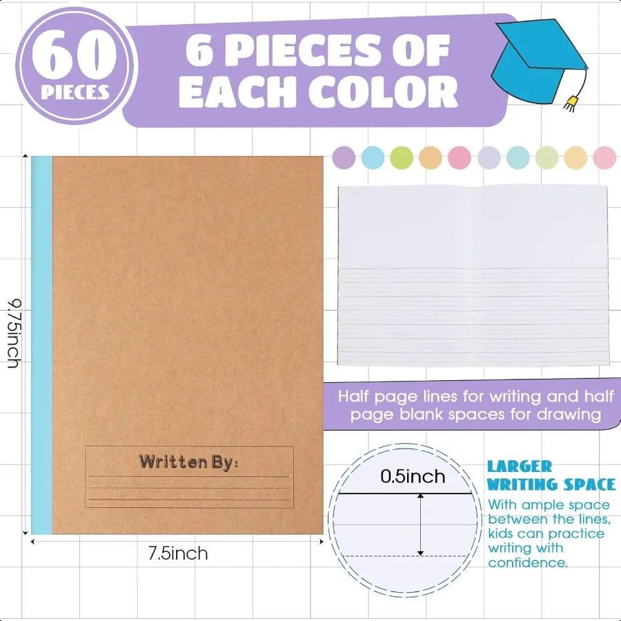 60 قطعة دفتر التكوين الأساسي 9 3 4x7 1 2 بوصة مجلة العودة إلى المدرسة يطير K2 دفتر الكتابة الابتدائية للطلاب Dra