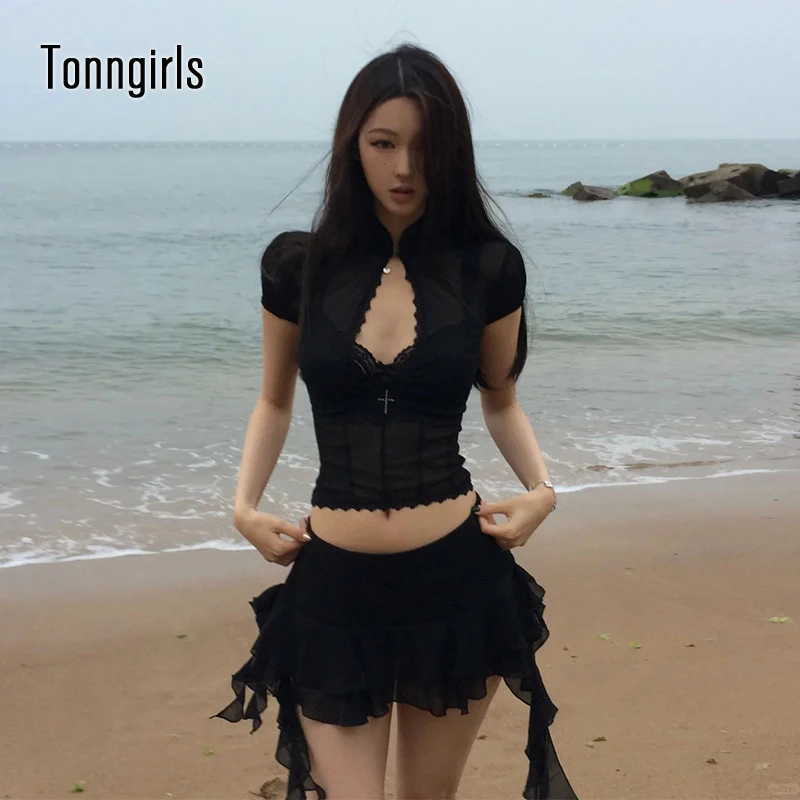 Tonngirls Y2k Fairycore Two Piece Set For Women Hollow Out Lace Mesh Shirt + Irregular Mini Shirts Vintage Skirt Sets Japanese