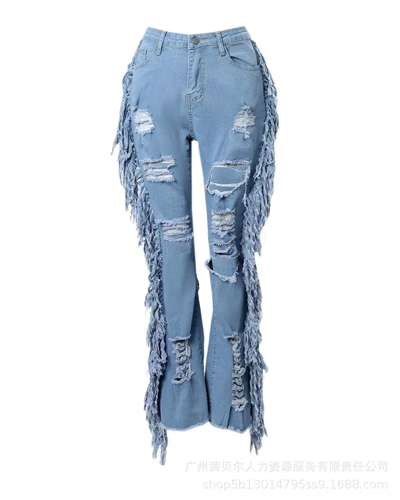 Fashion Pants Women Damaged Wash Tassels 2023 Summer New Long Denim Jeans for Women