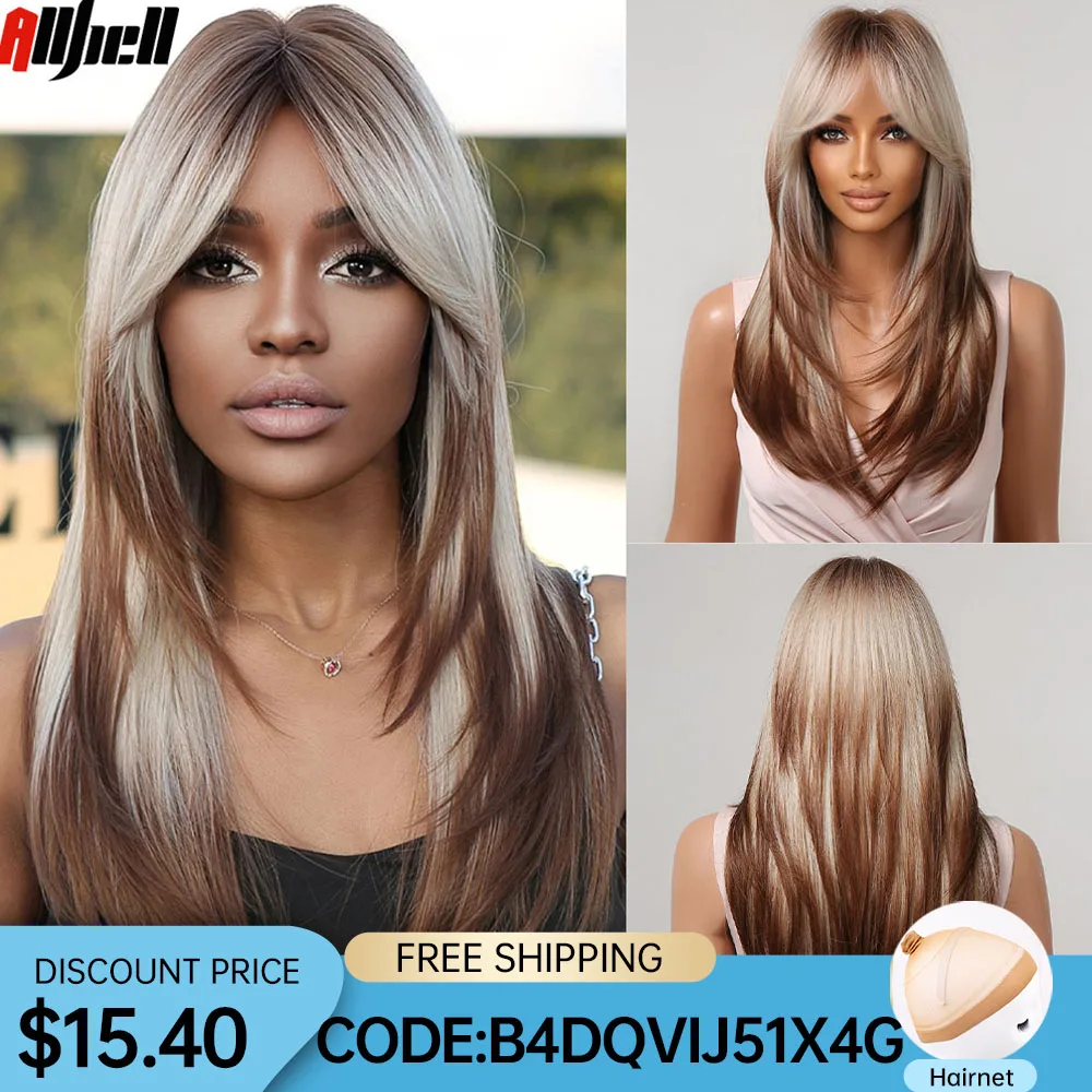 Pelucas sintéticas largas y rectas en capas para mujeres negras, color marrón, Balayage degradado con flequillo, disfraz de Cosplay, resistente al