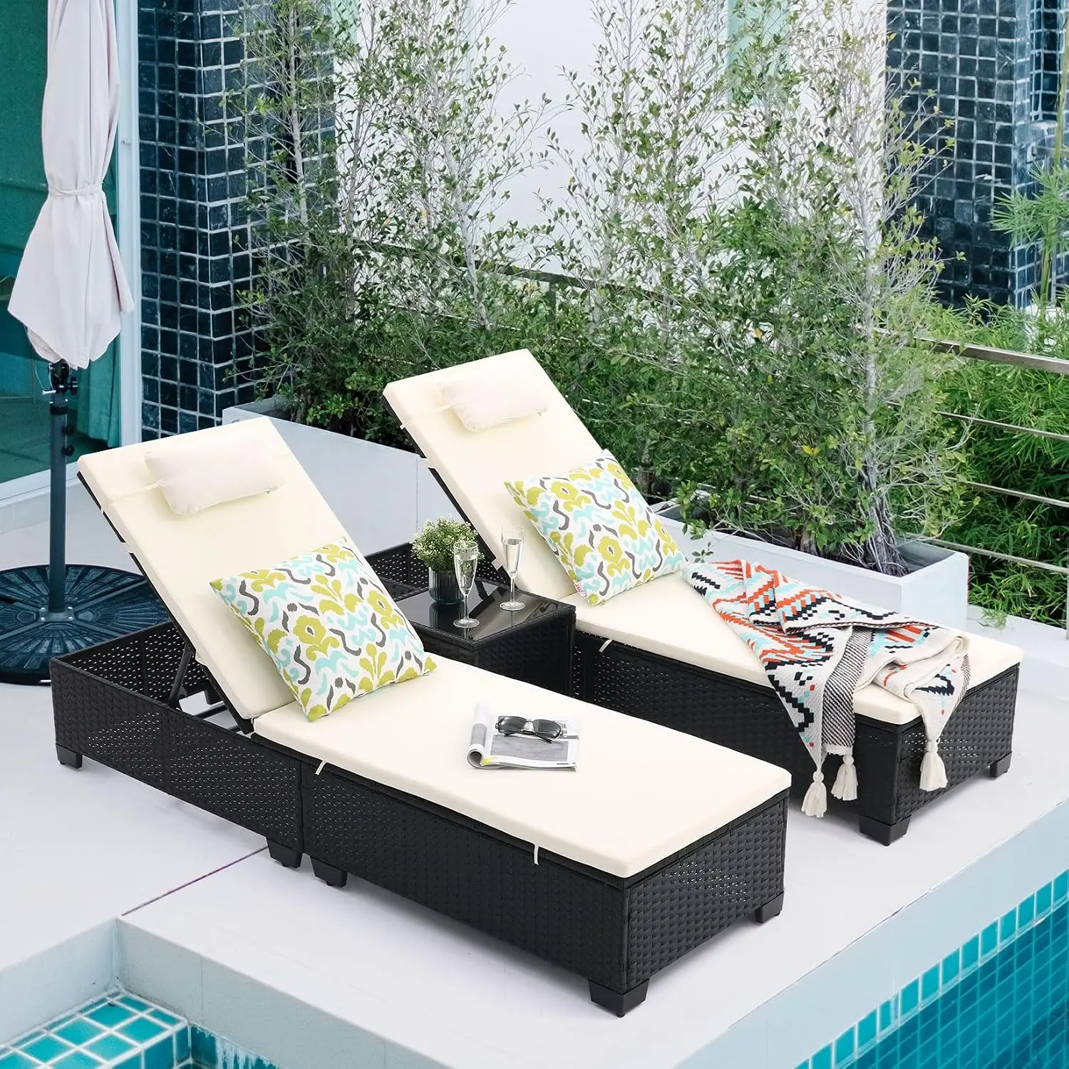 Outdoor Patio Wicker Chaise Lounge Set 3 Reclining Chair Adjustable Backrest Pool Sunbathing with Table Beige, Customized