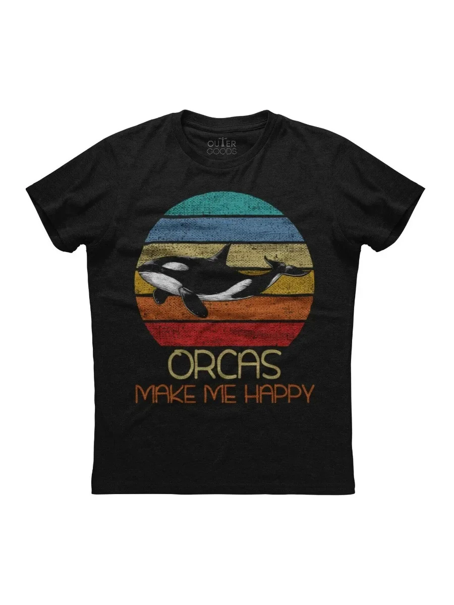 Orcas Make Me Happy. Vintage Sunset Killer Whale Printed T-Shirt. Summer Cotton O-Neck Short Sleeve Mens T Shirt New