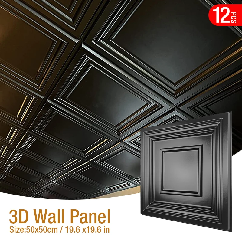 

12PC 50x50cm 3d art plaster cut geometric diamond carved wood adhesive bottom wall 3d wall sticker 3d wall panel home decoration