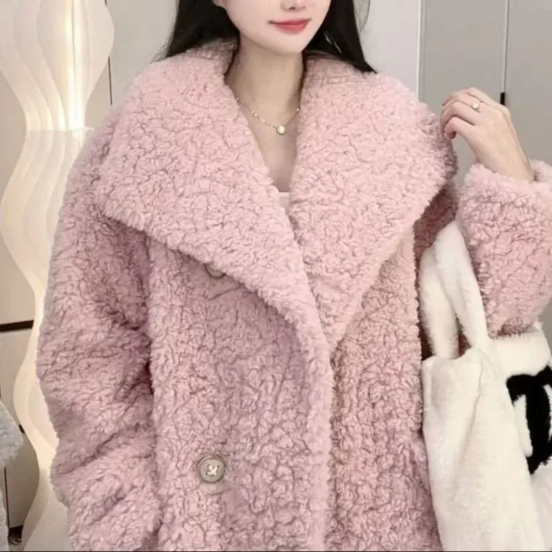 Winter 2025 New Women Lamb Fur OutCoat Female Fur One Network Red Explosive Lapel Thick Long Coat Pure Color Fur Warmth Jacket