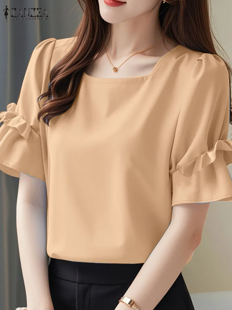 

ZANZEA, летние офисные рубашки с квадратным вырезом и короткими рукавами, женские блузки 2025, элегантные однотонные рабочие OL Blusas, женская сорочка-туника, топы