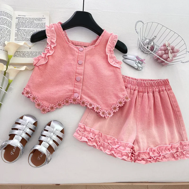 

New Summer Girls' Denim Outfit: Stylish Bowknot Daisy Trim Top and Shorts Two-Piece Set