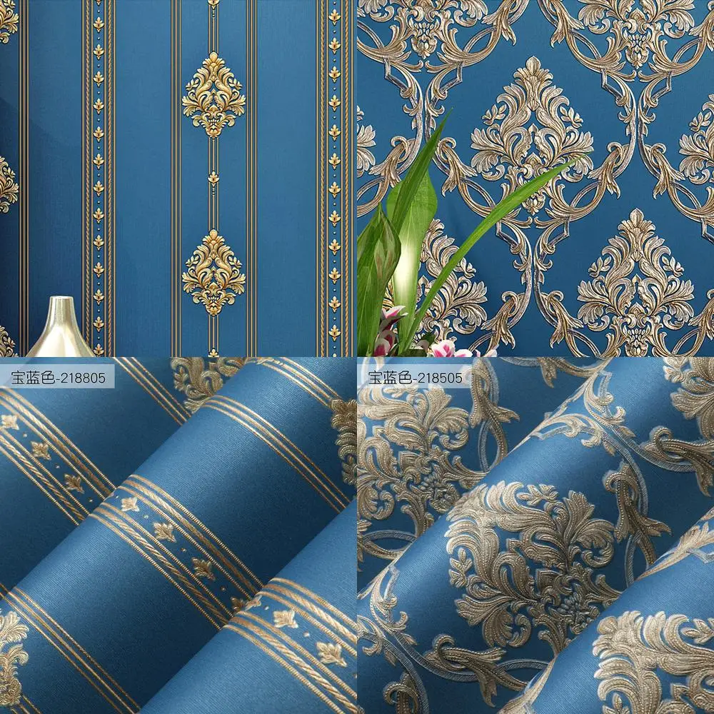 

3D Stereo European Damascus Wallpaper for Room Cozy Bedroom Blue Luxury Simple European TV Background Wall Wallpaper