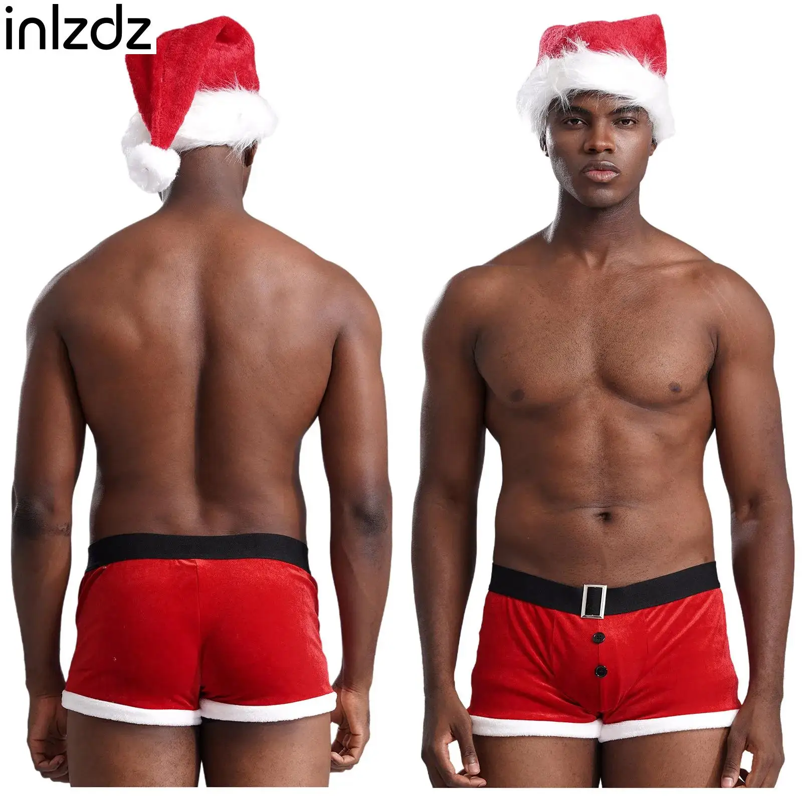 Adult Men 2Pcs Christmas Velvet Briefs Lingerie Boxer Shorts Underwear with Santa Claus Pompom Hat Xmas Christmas Eve Party Set