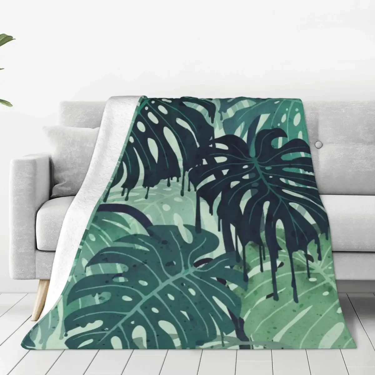 Monstera Melt In Green Blanket Tropical Jungle Leaves Flannel Vintage Breathable Throw Blanket for Home Spring Autumn