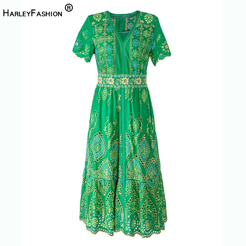 HarleyFashion New Summer Holiday Beach Floral Embroidery Dress for Women Olive Green Dresses