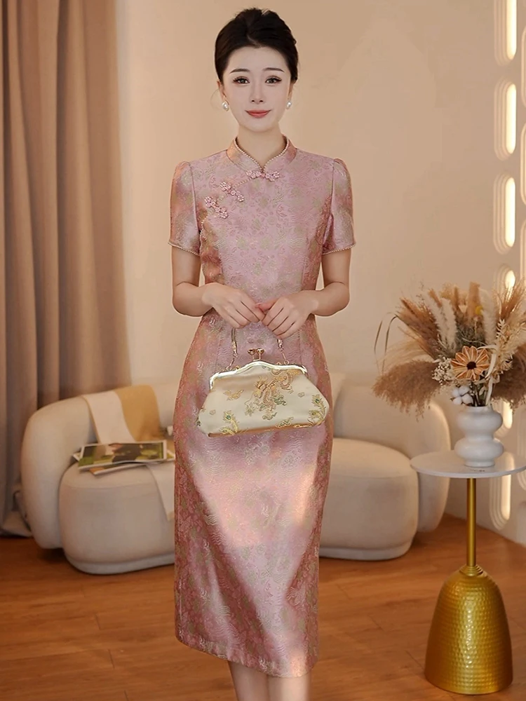 

Suuyaoyu New Chinese Style Wedding Dress Mid-Length Gown Short Sleeve Breathable Floral Embroidery for Women over 35