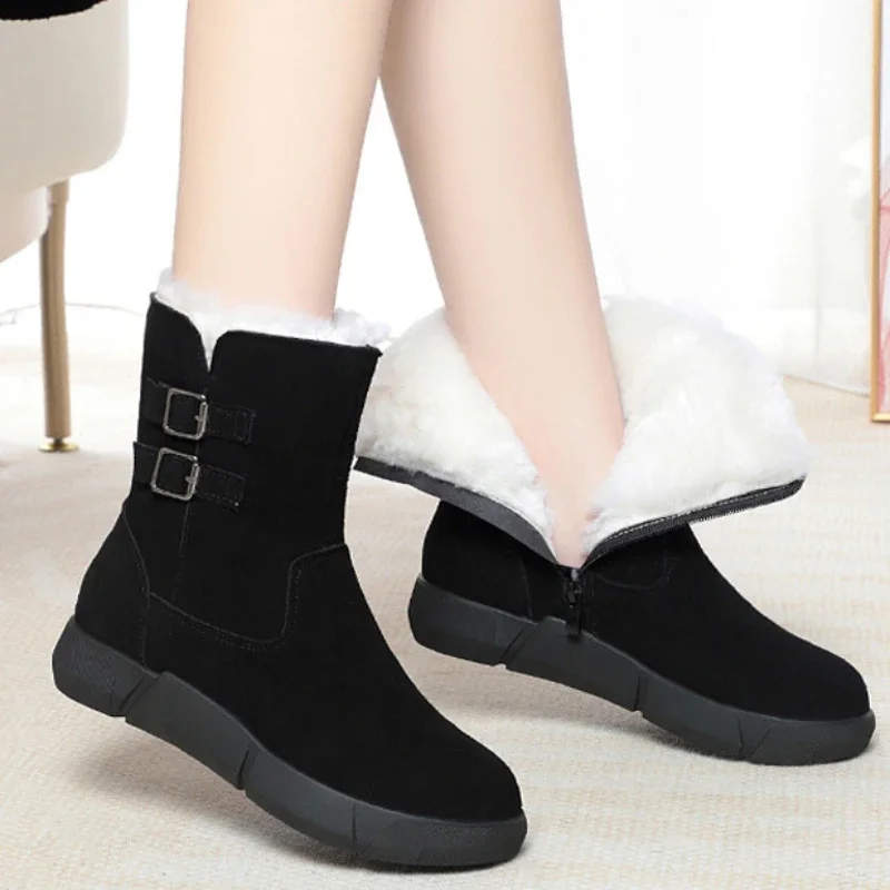 Female Shoes on Sale 2023 Zipper Women\'s Boots Winter Round Toe Solid Flock Plush Warm Short Barrel Low-heeled Casual Snow Boots