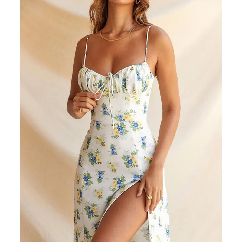 Sexy Women's Floral Print Cami Dress with Side Slits Tie-Waist Design for a Slim Fit Perfect Beach Vacations Parties Casual Wear