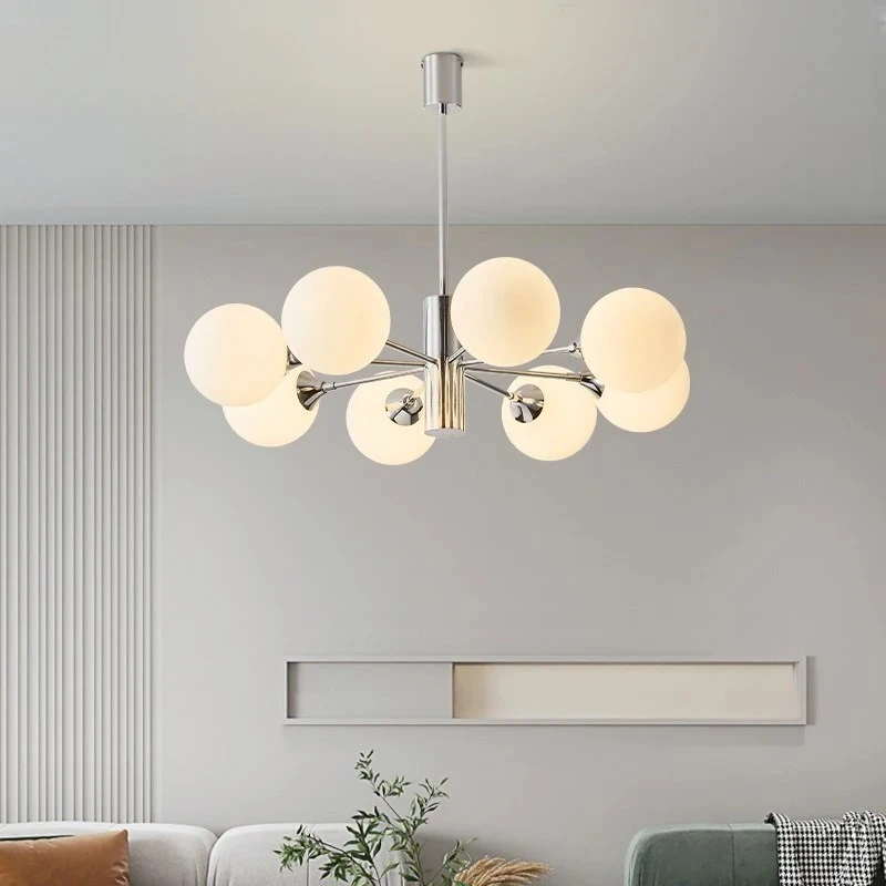 

Bauhaus LED Multihead Chrome Chandeliers Milky White Glass Ball Hanging Lamp Bedroom Living Room Restaurant Study Pendant Lights