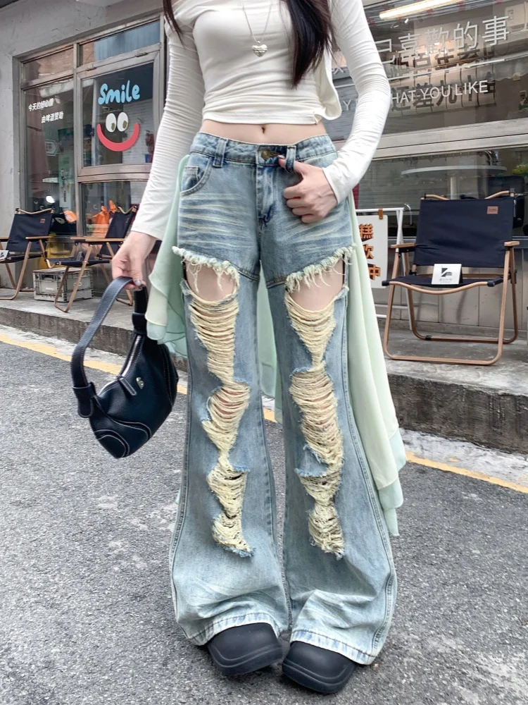 

2025 Hotsweet Y2K Fashion Washed Blue Slim Ripped Stacked Flare Jeans Pants For Women Clothes Lady Denim Trousers Pantalon Femme