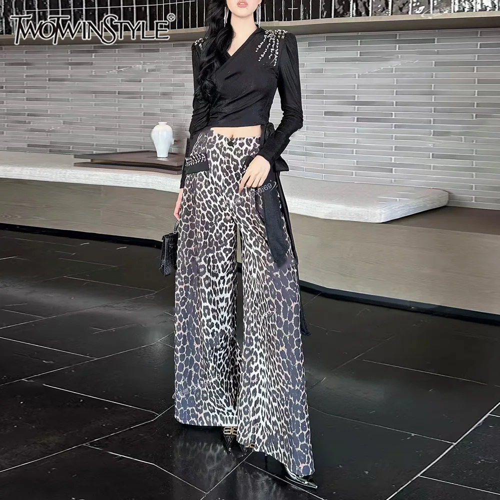 

TWOTWINSTYLE Solid Two Piece Set for Women V Neck Long Sleeve Top High Waist Temperament Loose Pant Sets Female Fashion