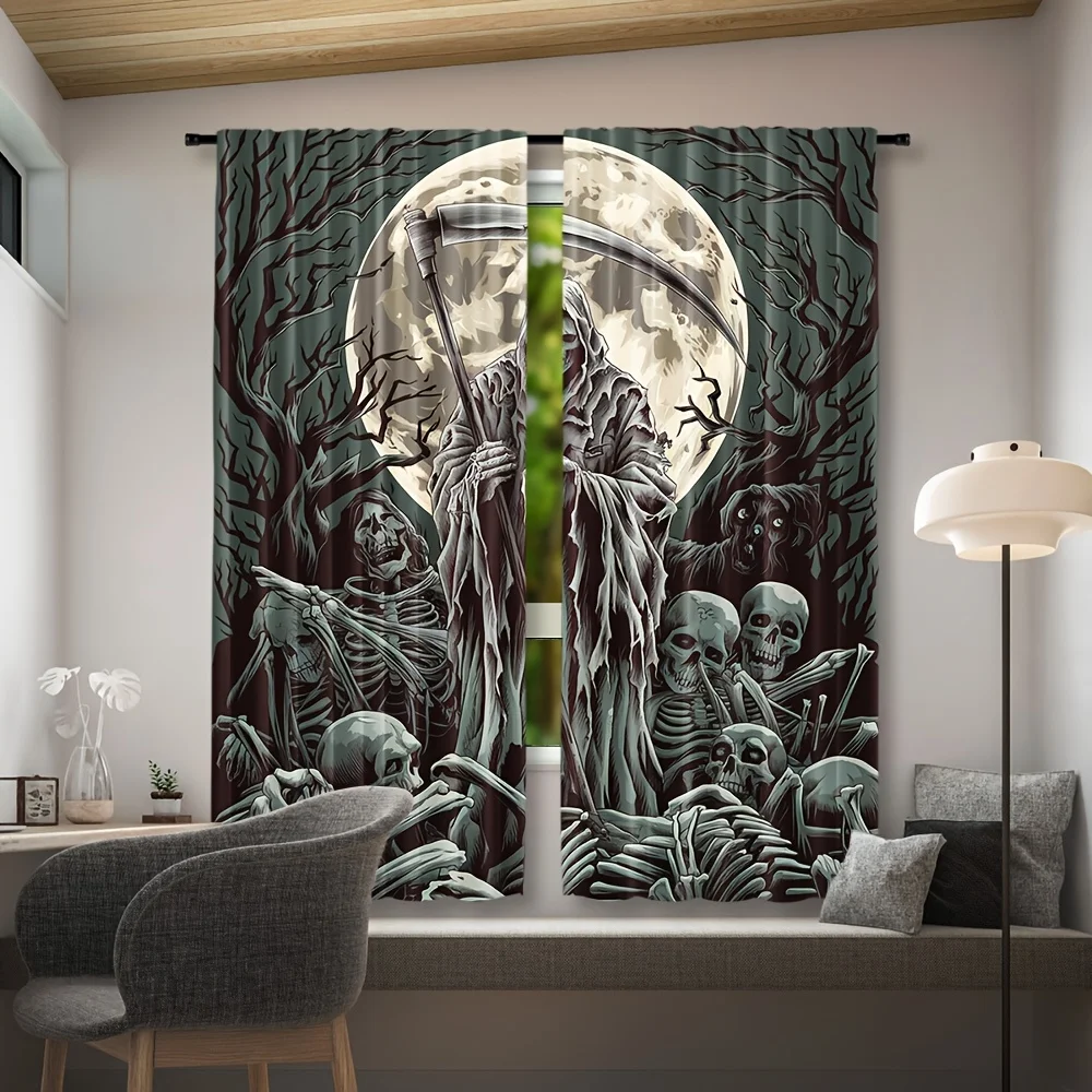 Gothic Grim Reaper Curtains, Scary Skeleton & Moon Print Blackout Drapes for Halloween Party Room, Dark Fantasy Home Decor