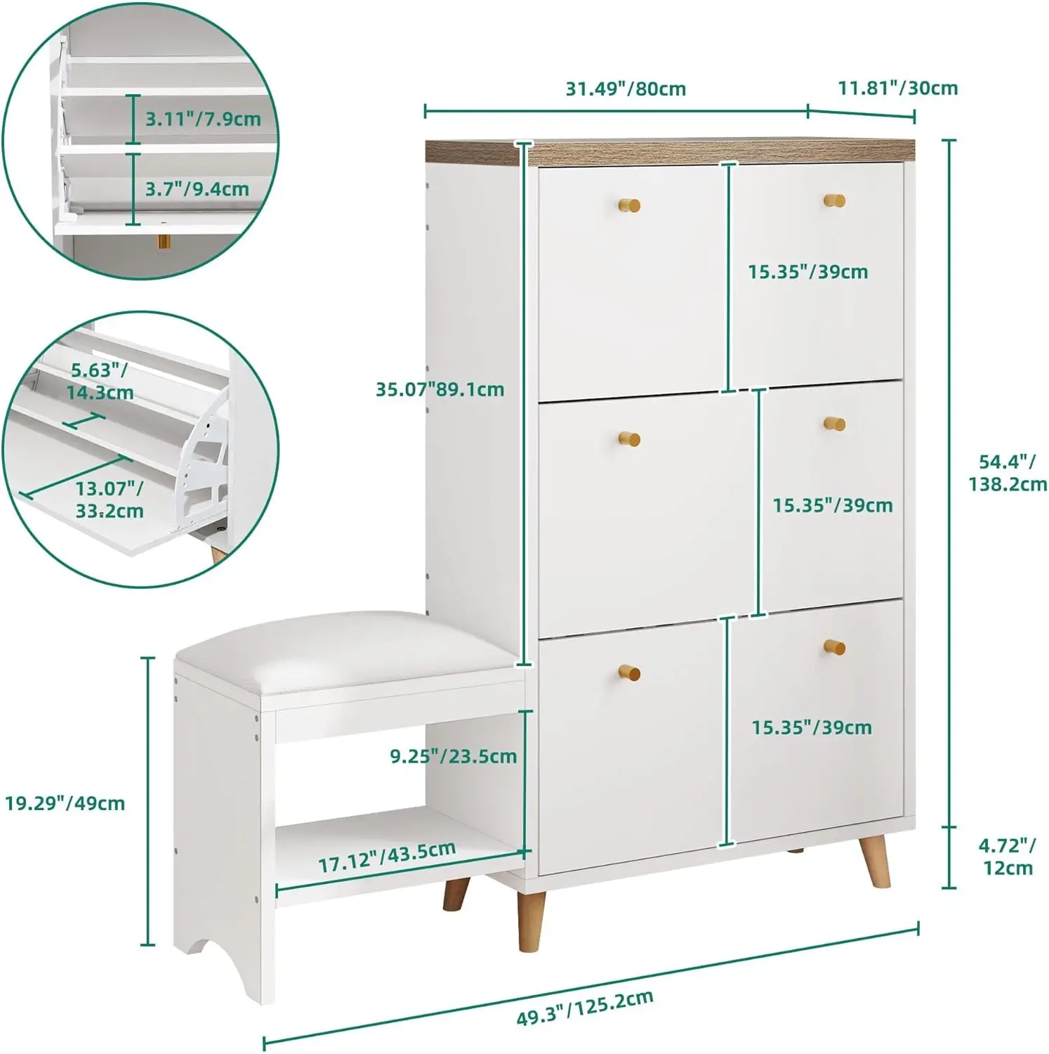 Shoe cabinet with 3 flip-top drawers, modern  cabinet with  bench for entryway, freestanding hidden shoe rack organizer