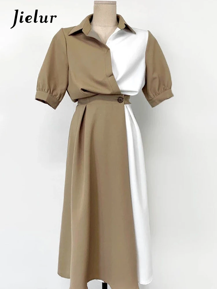 Jielur-Robe Chemise Femme Patchwork, Manches Courtes Bouffantes, Col Rabattu, Simple, Robe Française pour Femme, Bouton Unique, Printemps, Mode