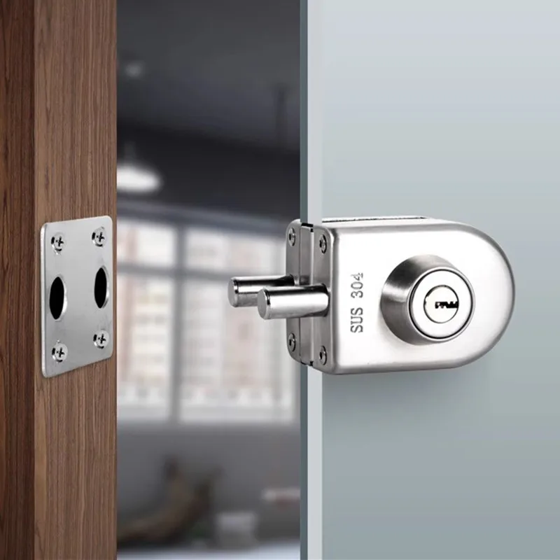 1 Set Sliding Glass Hole-free Floor Lock Frameless Glass Door Lock Store Stainless Steel Latch Office Glass Door Lock with Key