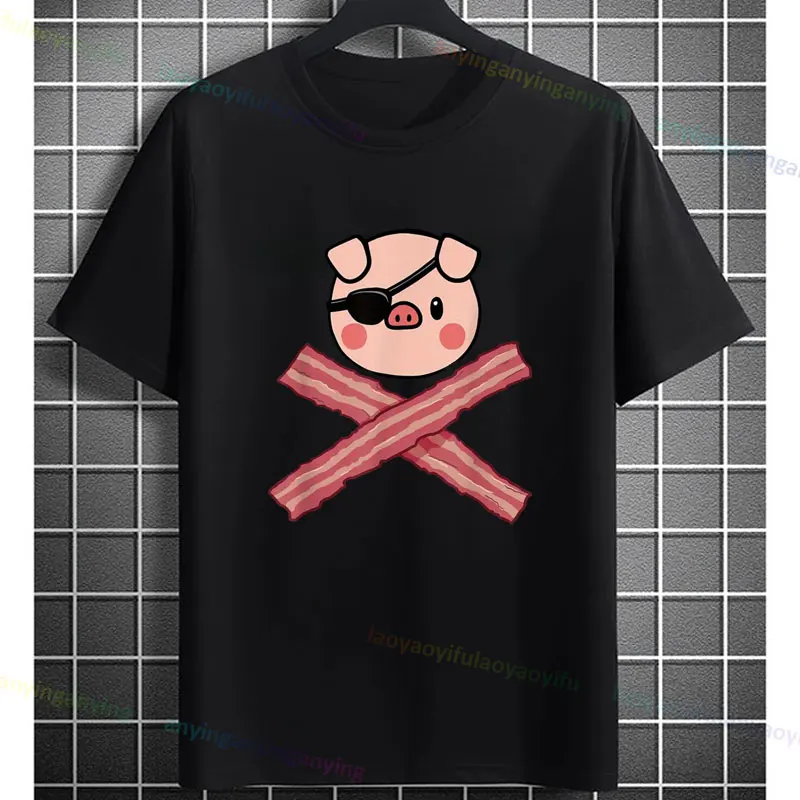 

Funny Cute Pig & Bacon Crossbones Graphic T-shirt Black 100%Cotton Short-sleeve Crew Neck Humor Style Tshirts Gift for Men Women