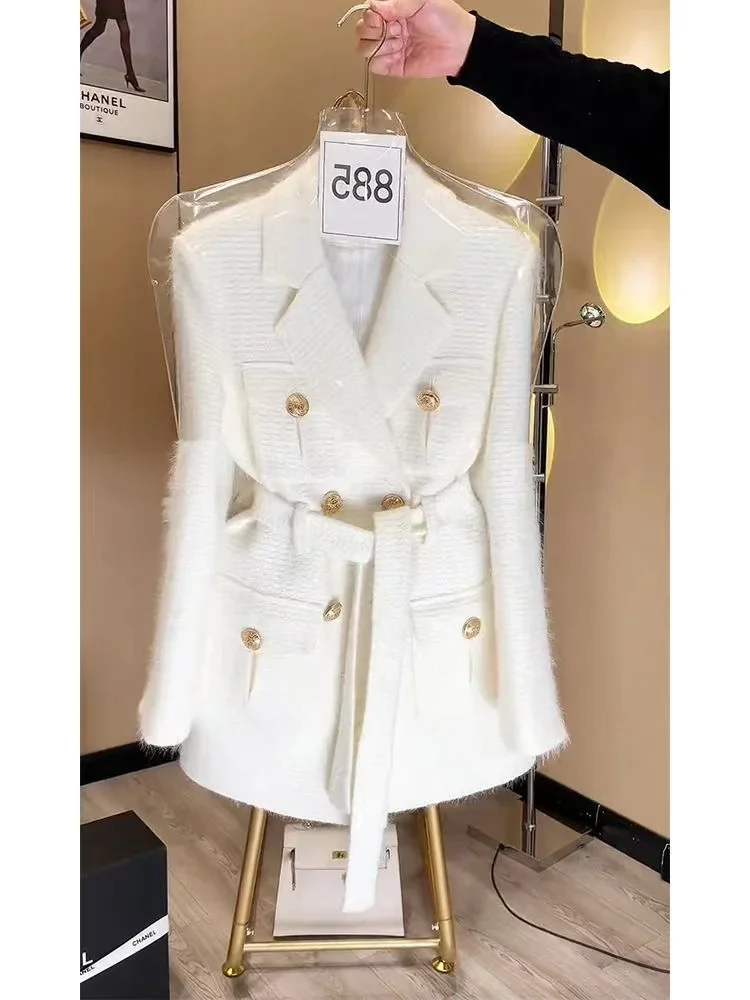 Fashion Korean White Blazer Jacket For Women Autumn Winter 2024 New Vintage Long Sleeve Noted Double-breasted Coat Female Tops