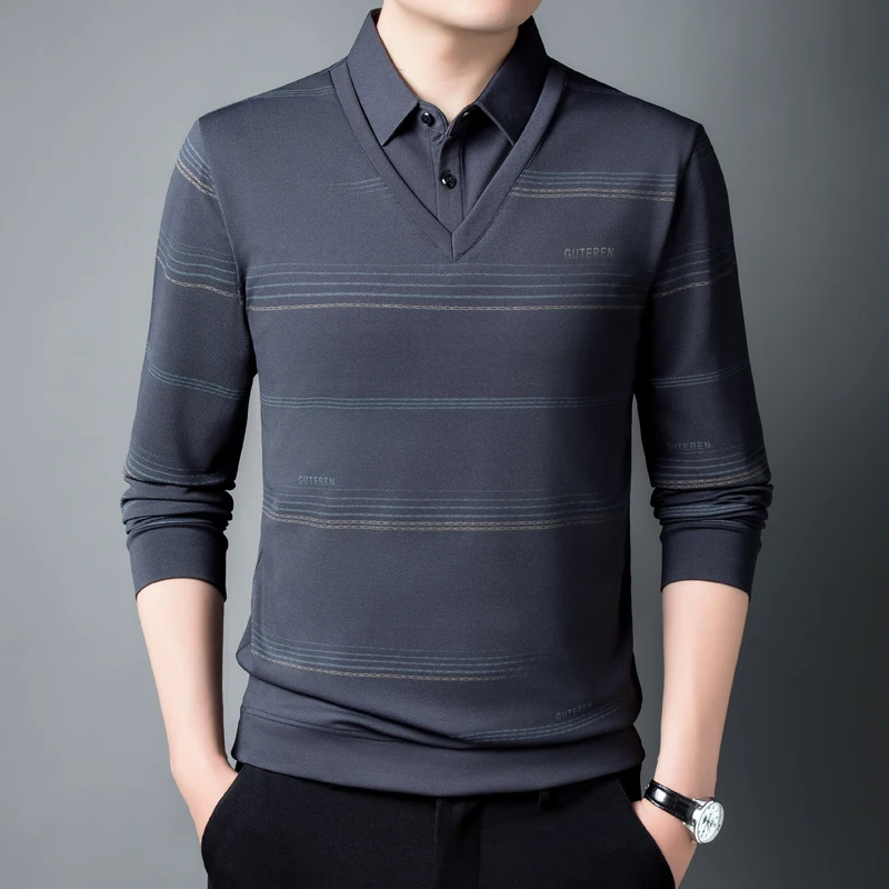 Formal Fake Two Pieces Printing Contrast Color Pullover T-shirt Turn-down Collar Long Sleeve Men's Spring Autumn Striped Tops