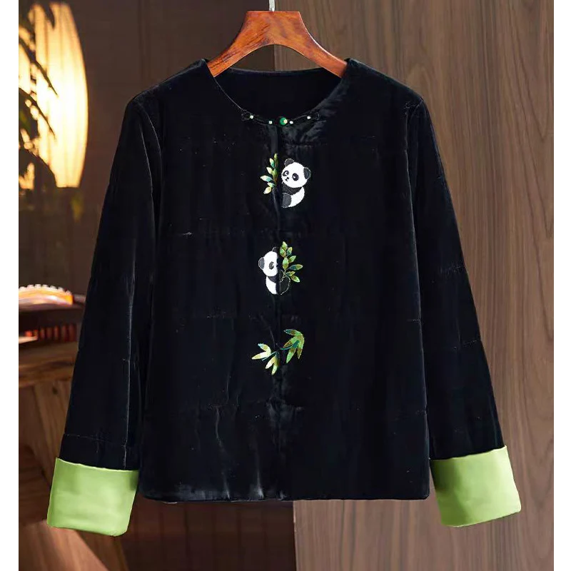 High end Silk+Velvet Panda Embroidered O-Neck Coat Women 2024 Winter New Chinese Style Contrast Color Cuff Cotton JacketS-XL