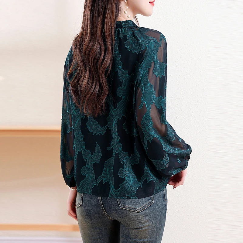 Camicette classiche in chiffon da donna jacquard Semplicità Colletto tondo con bottoni Camicie larghe scavate Top casual eleganti da donna