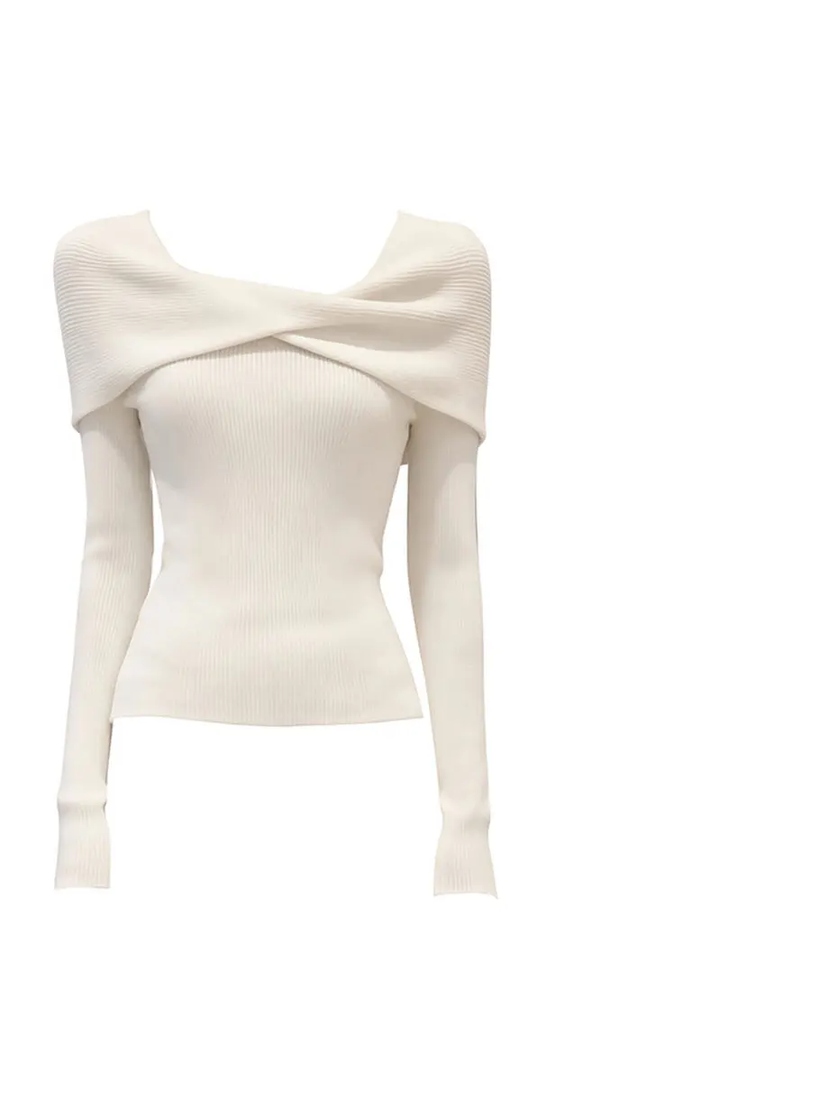White Knitted One Shoulder Base Shirt Women Autumn Winter Fashion Slightly Mature High Grade Slim Fit Fur Inner Elegant Top